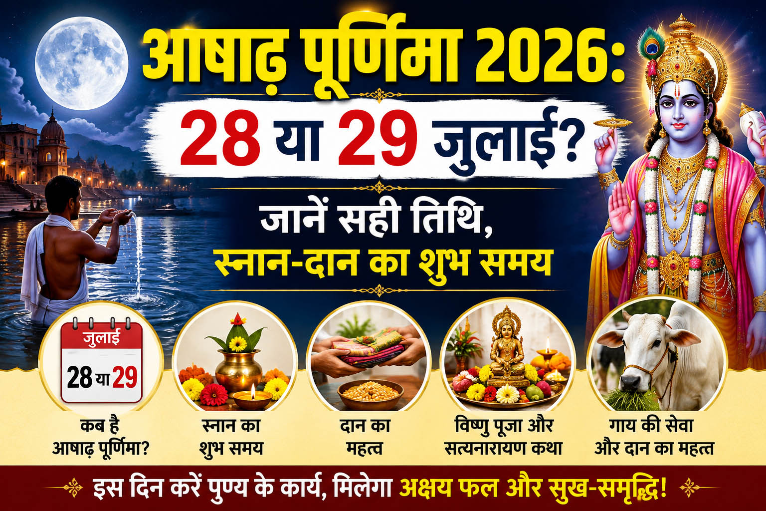 Ashadha Purnima 2026: July 28 or 29? Know the correct date and the auspicious time for ritual bathing and charity.