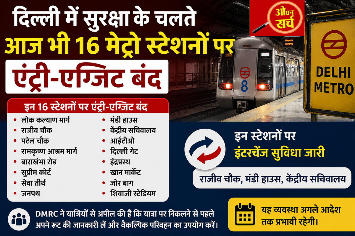 Entry and exit at 16 metro stations in Delhi remain closed today due to security reasons.